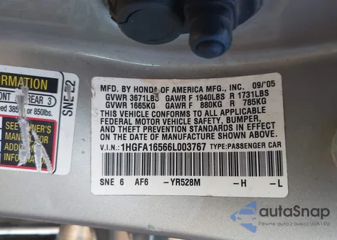 2006 Honda Civic Lx z USA, uszkodzony, nr VIN 1HGFA16566L003767